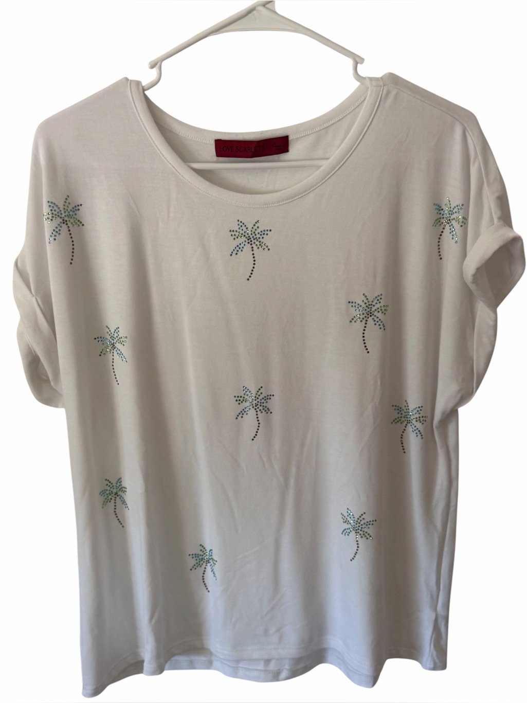 Love Scarlett Palm Tree Rhinestone Tee White Short Sleeve Top Large Beach